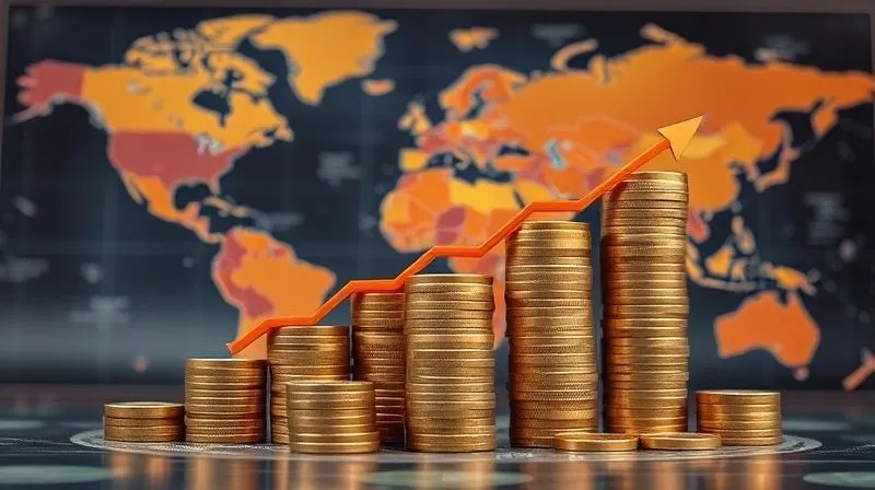 A photorealistic, professional photography of a financial growth chart composed of stacked coins and rising arrows, set against a backdrop of a global map, symbolizing diversified income streams for a digital nomad. Cinematic lighting, sharp focus, depth of field, 8K hyper-detailed, shot on a high-end DSLR.