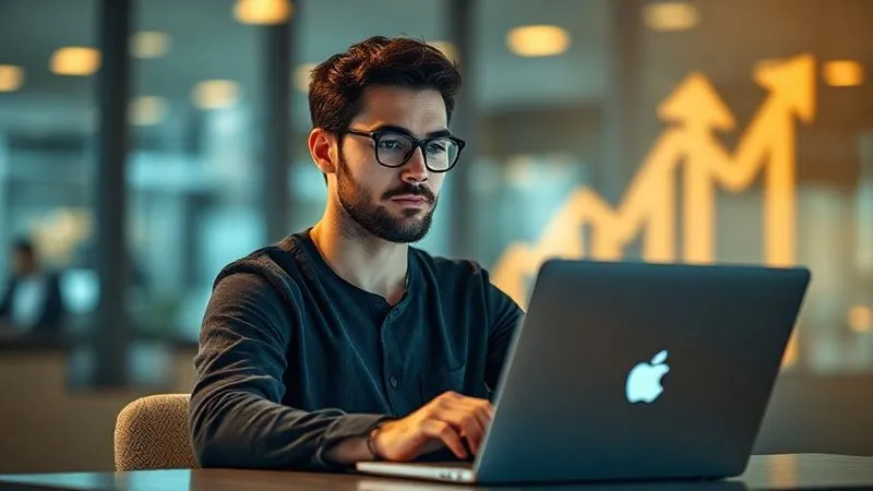 A photorealistic image of a digital nomad sitting calmly at a laptop, surrounded by a subtle, glowing aura of strategic thought. In the background, a blurred but dynamic representation of business growth with arrows pointing upwards. Cinematic lighting, sharp focus on the nomad's thoughtful expression, depth of field. 8K hyper-detailed, professional photography.