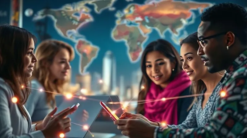 A photorealistic image of diverse people from different parts of the world collaborating seamlessly on a digital project, represented by glowing lines connecting their individual screens. The background shows various iconic travel destinations subtly blurred. Cinematic lighting, sharp focus on their faces showing engagement, depth of field. 8K hyper-detailed, professional photography.