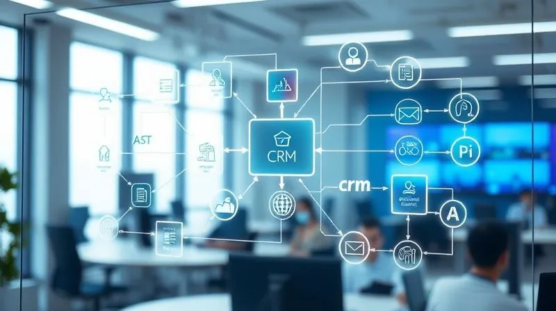 A photorealistic image of a complex digital workflow diagram with glowing lines connecting various software icons (CRM, Email Marketing, Project Management, Analytics), representing seamless automation and integration. The diagram is clean, modern, and displayed on a transparent screen in a futuristic, minimalist office setting, professional photography, 8K, cinematic lighting, sharp focus on the workflow, depth of field, shot on a high-end DSLR.