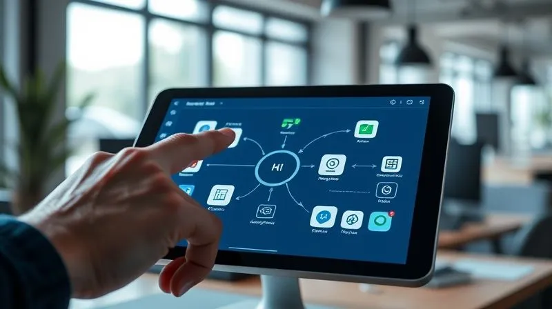 A photorealistic close-up of a hand pointing at a tablet displaying a user-friendly interface of an integration platform like Zapier or Make, showing interconnected apps with arrows indicating data flow. The background is a modern, clean remote workspace with natural light, professional photography, 8K, cinematic lighting, sharp focus on the tablet screen, depth of field, shot on a high-end DSLR.