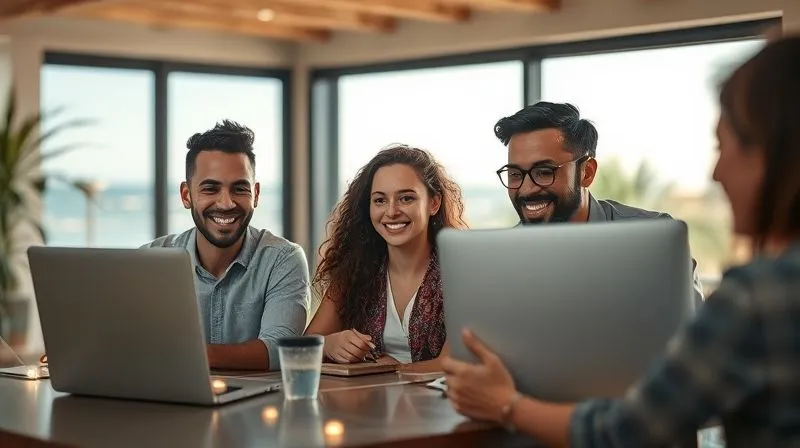 A photorealistic image of a diverse, smiling remote team collaborating effectively on a video call, each person in a different, inspiring location (beach, cafe, home office). Overlayed are subtle, glowing lines connecting their screens, symbolizing seamless communication and delegated tasks. Professional photography, 8K, cinematic lighting, sharp focus on the team members, depth of field, shot on a high-end DSLR.