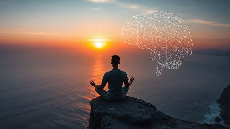 A photorealistic image of a person meditating peacefully on a cliff edge overlooking a vast, beautiful ocean at sunset. A subtle, transparent overlay of a digital brain network or data points hovers gently around them, symbolizing the harmony between advanced technology (automation) and personal freedom/mindfulness. Professional photography, 8K, cinematic lighting, sharp focus on the person, depth of field blurring the ocean, shot on a high-end DSLR.