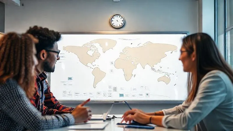 Photorealistic image of a diverse global team collaborating seamlessly on a virtual whiteboard, with different time zones subtly represented by small clocks in the background. Cinematic lighting, sharp focus on the team's faces and the digital board, depth of field blurring the background, 8K hyper-detailed, professional photography, shot on a high-end DSLR.