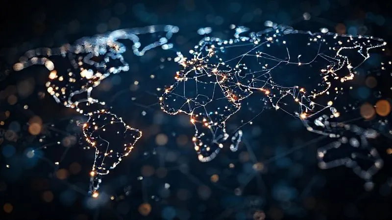 Photorealistic image of a world map made of interconnected glowing lines, representing a global network. Digital data streams flow between major cities. Cinematic lighting, sharp focus on the network, depth of field blurring the background, 8K hyper-detailed, professional photography, shot on a high-end DSLR.