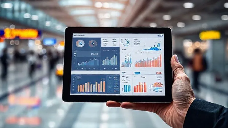Photorealistic image of a dynamic financial dashboard on a tablet, displaying various charts and graphs (revenue, expenses, profit margin) in real-time. A hand holds the tablet against a blurred background of a bustling international airport. Cinematic lighting, sharp focus on the tablet screen, depth of field blurring the background, 8K hyper-detailed, professional photography, shot on a high-end DSLR.