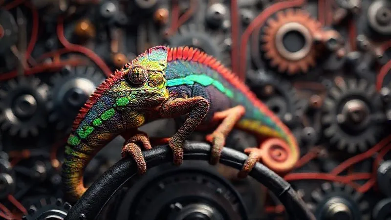 Photorealistic image of a chameleon subtly changing its colors to match a complex, abstract background of interconnected gears and circuits, symbolizing adaptability in a technological business environment. Cinematic lighting, sharp focus on the chameleon, depth of field blurring the background, 8K hyper-detailed, professional photography, shot on a high-end DSLR.