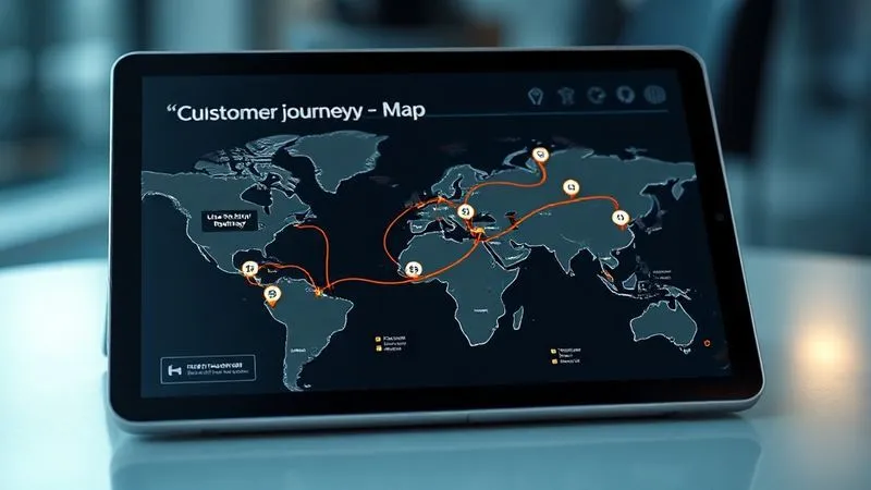 A photorealistic, professional photography shot of a stylized customer journey map with arrows and icons, indicating automated touchpoints for a digital nomad business. The map is displayed on a sleek, futuristic tablet, with soft, cinematic lighting and a shallow depth of field, 8K hyper-detailed.