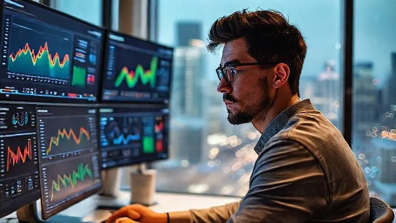 A photorealistic image of a digital nomad, with a focused expression, looking at multiple screens displaying analytics dashboards with colorful graphs and data visualizations. The setting is a modern, minimalist co-working space with a large window showing a bustling city in the background, cinematic lighting, sharp focus, depth of field, 8K hyper-detailed.