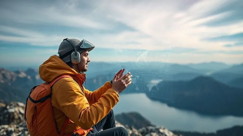 A photorealistic, futuristic image of a digital nomad interacting with an advanced holographic interface that projects complex data and AI-driven insights. The nomad is in a remote, scenic location, perhaps a mountain top or a serene lake, with a sense of boundless possibility. Cinematic lighting, sharp focus, depth of field, 8K hyper-detailed.