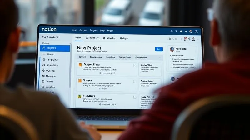 A photorealistic, professional photography, 8K, cinematic lighting, sharp focus, depth of field, shot on a high-end DSLR, showing a Notion dashboard with a 'New Project' template being opened, revealing a structured layout with pre-filled sections for objectives, scope, and linked task databases, symbolizing efficient project initiation.