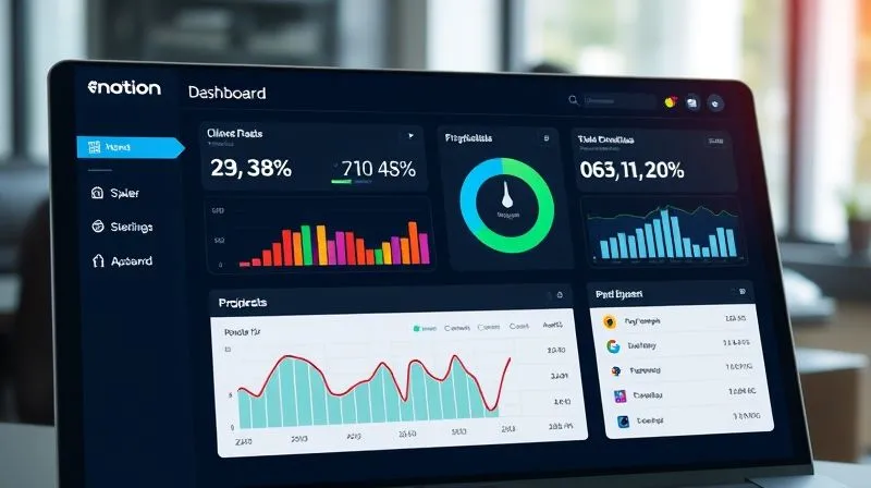 A photorealistic, professional photography, 8K, cinematic lighting, sharp focus, depth of field, shot on a high-end DSLR, depicting a Notion dashboard prominently displaying project metrics like progress bars, task completion rates, and client satisfaction scores, with a clean, modern aesthetic, symbolizing clear performance monitoring.