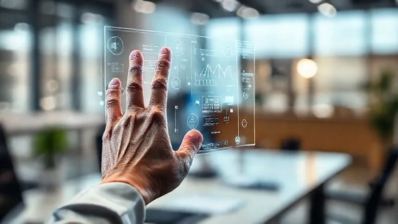A photorealistic image of a digital nomad's hand interacting with a holographic interface showing automated workflow diagrams and data points, set against a blurred background of a modern, minimalist workspace. Cinematic lighting, sharp focus on the hand and interface, depth of field. 8K hyper-detailed, professional photography, shot on a high-end DSLR.