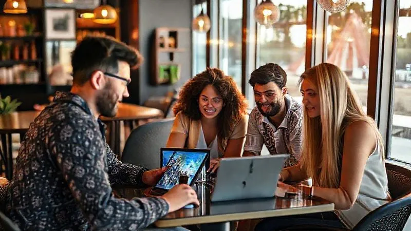 A photorealistic image of a diverse group of digital nomads, each in a different global location (e.g., one in a cafe in Paris, another on a beach in Thailand, a third in a co-working space in Berlin), seamlessly collaborating on a shared holographic project interface. The atmosphere is productive and harmonious. Cinematic lighting, sharp focus on the individuals and their screens, depth of field. 8K hyper-detailed, professional photography, shot on a high-end DSLR.