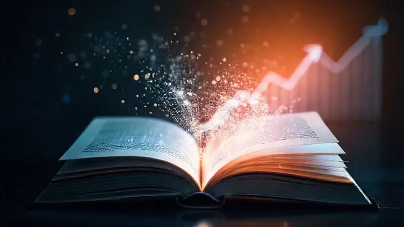 A photorealistic image of an open book with glowing, ethereal digital data flowing from its pages, symbolizing continuous learning and growth. In the background, a subtle, upward-trending graph is visible. Cinematic lighting, sharp focus on the book, depth of field. 8K hyper-detailed, professional photography, shot on a high-end DSLR.