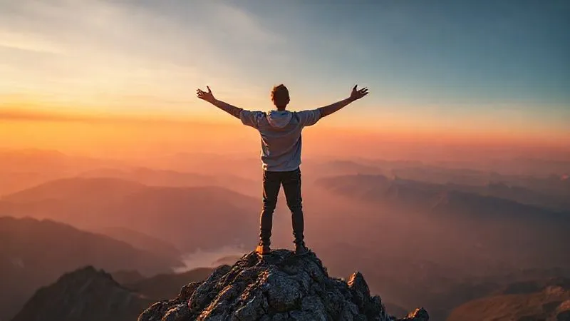 A photorealistic image of a digital nomad standing on a mountain peak at sunrise, arms outstretched, looking confidently at a vast, beautiful landscape below. A subtle, ethereal glow surrounds them, symbolizing achievement and sustained well-being. Cinematic lighting, sharp focus on the nomad, depth of field blurring the distant scenery. 8K hyper-detailed, professional photography, shot on a high-end DSLR.