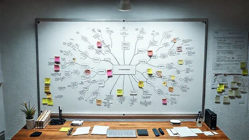 A photorealistic, professional photography image from above, showing a desk with a detailed mind map or flowchart drawn on a large whiteboard, surrounded by sticky notes indicating various business processes. Cinematic lighting highlights the intricate connections, sharp focus on the central nodes, with a subtle depth of field. 8K hyper-detailed, shot on a high-end DSLR.