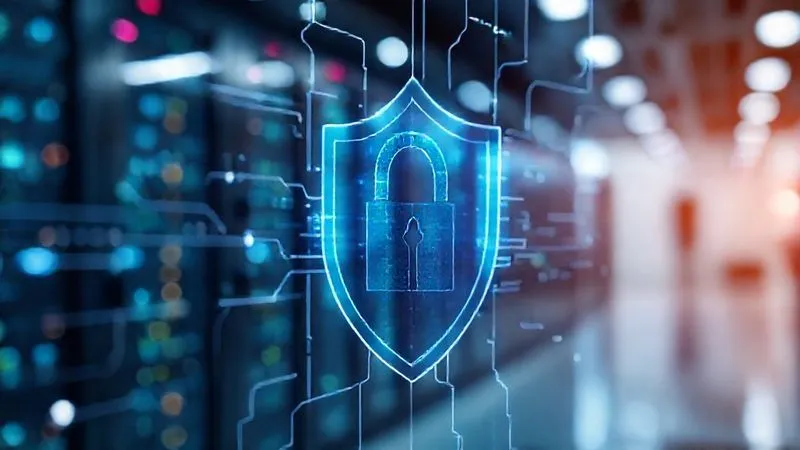 A photorealistic, professional photography image of a secure digital environment, represented by glowing data streams flowing through a protective, transparent shield. The background is a blurred, modern server room or a secure cloud interface, with cinematic lighting emphasizing the security barrier. Sharp focus on the protective elements, depth of field blurring the background. 8K hyper-detailed, shot on a high-end DSLR.