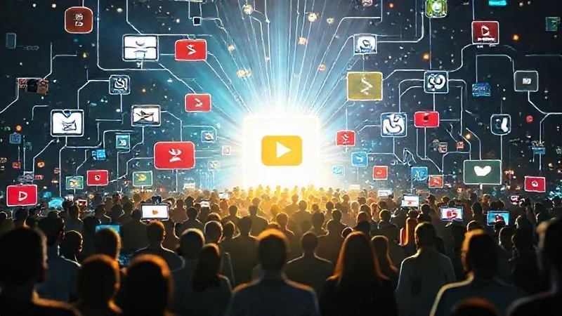 A photorealistic image showing a vibrant digital ecosystem with multiple channels (blog icon, YouTube play button, social media logos) funneling a diverse group of people towards a central, glowing gateway. The gateway represents the top of the sales funnel, with light rays emanating from it. Cinematic lighting, sharp focus, depth of field. Shot on a high-end DSLR, 8K hyper-detailed, professional photography.