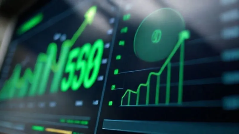 A photorealistic image of a professional, minimalist dashboard displaying key performance indicators (KPIs) for sales and marketing. The numbers are bold and green, indicating growth, with small upward trend arrows. Cinematic lighting, sharp focus on the data, depth of field. Shot on a high-end DSLR, 8K hyper-detailed, professional photography.