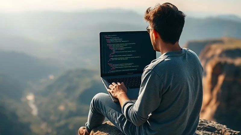 A photorealistic image of a person sitting on a cliff edge, overlooking a vast, beautiful landscape, holding a laptop. The screen displays code snippets in multiple programming languages, symbolizing choice and opportunity. Cinematic lighting, 8K hyper-detailed, sharp focus on the person and laptop, depth of field blurring the landscape, professional photography.