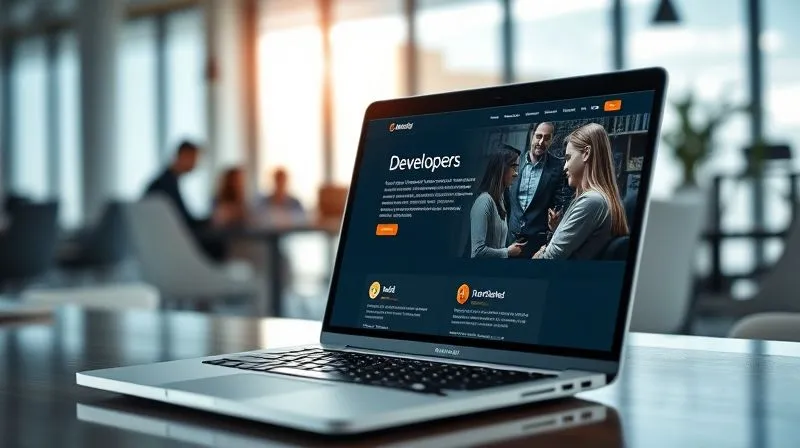 A photorealistic, professional photography, 8K, cinematic lighting, sharp focus, depth of field, shot on a high-end DSLR, of a developer's portfolio website open on a laptop screen, showcasing clean code, impressive UI/UX, and positive client testimonials. The background is a blurred, modern office space with diverse team members collaborating, subtly hinting at remote work success.