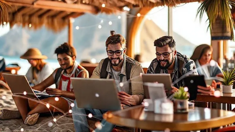 A photorealistic image of a diverse group of digital nomads, each with a laptop or tablet, learning seamlessly in different exotic locations around the world. One is on a beach, another in a mountain cabin, a third in a bustling city cafe, all connected by a subtle, glowing network line. Cinematic lighting, sharp focus on the individuals and their devices, depth of field blurring the backgrounds, 8K hyper-detailed, professional photography, shot on a high-end DSLR.