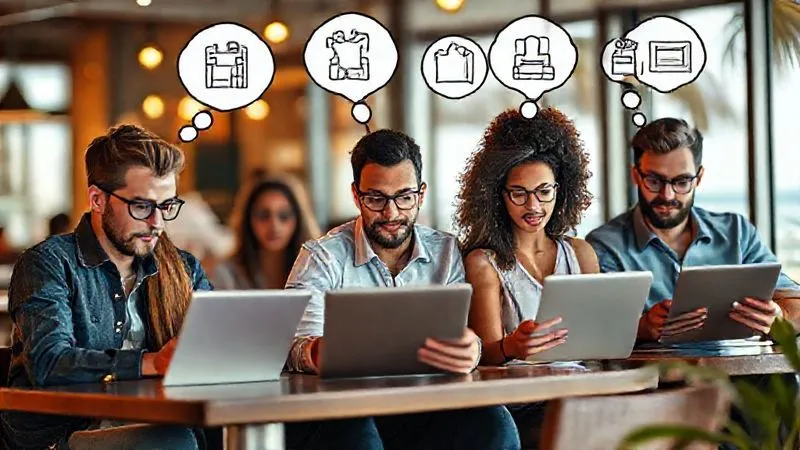 A photorealistic image of a diverse group of professional digital nomads, each with a laptop or tablet, working in different settings (a cafe, a beach, a co-working space), with thought bubbles above their heads showing icons representing different professional tools. Cinematic lighting, sharp focus, depth of field, 8K, shot on a high-end DSLR.