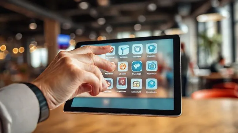 A photorealistic image of a digital nomad's hand hovering over a tablet screen displaying various app icons representing different freelancing platforms, with a blurred background of a bustling co-working space. Cinematic lighting, sharp focus, depth of field, 8K, shot on a high-end DSLR.