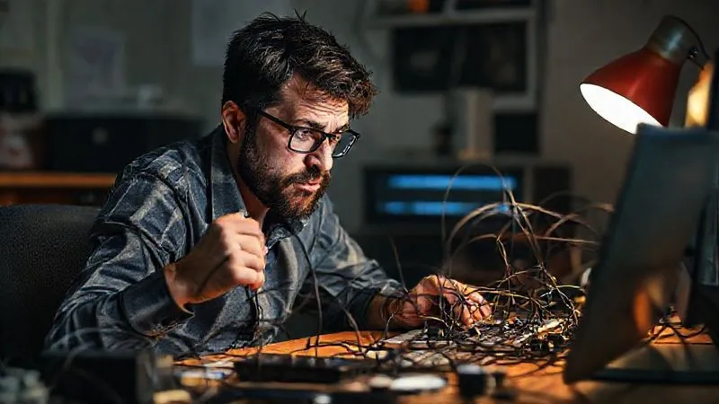 A photorealistic image of a digital nomad looking frustrated at a tangled web of wires and disconnected devices on a desk, symbolizing common tech pitfalls. Cinematic lighting, sharp focus, depth of field, 8K, shot on a high-end DSLR.
