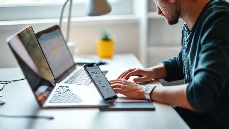 A photorealistic image of a digital nomad working efficiently at a minimalist desk setup, with a smartphone displaying a learning app next to a laptop. There's a visible planner or calendar showing 'time blocks' for learning. The setting is bright and organized, perhaps a modern Airbnb or a co-working space. Professional photography, 8K, cinematic lighting, sharp focus on the devices and planner, depth of field, shot on a high-end DSLR.