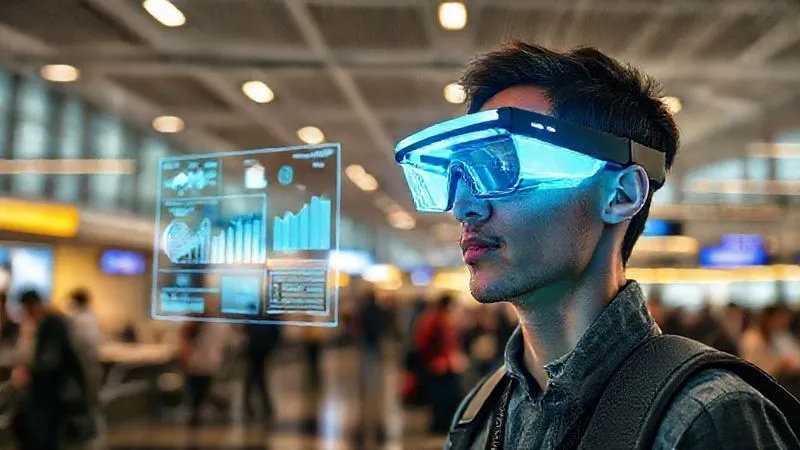 A photorealistic image of a digital nomad wearing sleek, futuristic AR glasses, interacting with holographic learning modules projected in their physical environment (e.g., a bustling airport lounge). The projections display graphs, text, and 3D models. The scene conveys innovation, seamless learning, and advanced technology. Professional photography, 8K, cinematic lighting, sharp focus on the nomad and AR elements, depth of field, shot on a high-end DSLR.