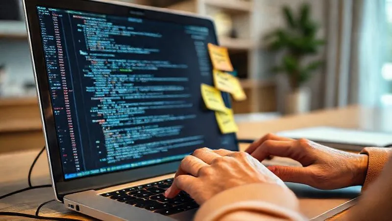 A close-up, photorealistic image of a person's hands coding on a laptop, with complex code snippets visible on the screen. Multiple sticky notes with problem-solving ideas are attached to the monitor. The background is a blurred, modern home office setting. Cinematic lighting, sharp focus on the hands and screen, 8K detail.