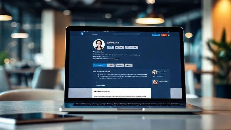 A photorealistic depiction of a professional's LinkedIn profile page on a laptop screen, showing a prominent certification badge and a well-articulated 'About' section. The background is a subtly blurred, modern coworking space, suggesting a global reach. Cinematic lighting, 8K, sharp focus on the screen.