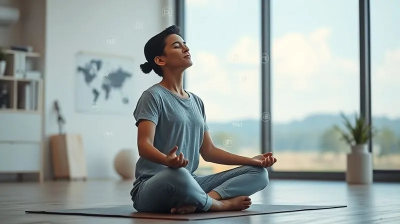 A photorealistic image of a person sitting cross-legged on a yoga mat, eyes closed in deep thought, surrounded by a subtle aura of glowing data points and skill icons, suggesting self-reflection and clarity of purpose. The background is a minimalist, modern workspace with a large window showing a serene natural landscape. Cinematic lighting, sharp focus on the person, depth of field blurring the background, 8K hyper-detailed, professional photography, shot on a high-end DSLR.