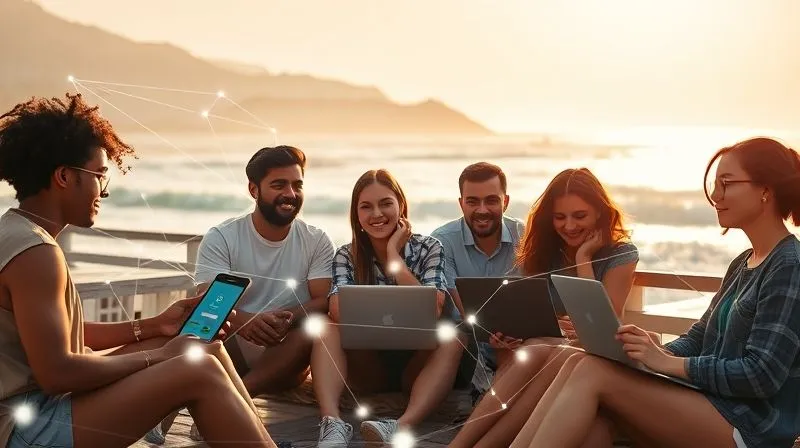 A photorealistic image of a diverse group of digital nomads, each in a different remote location (e.g., a beach, a mountain cafe, a co-working space), all connected via a glowing, ethereal network of data lines and video calls, symbolizing a supportive online learning community. The lighting is bright and optimistic, sharp focus on the individuals, depth of field subtly blurring the backgrounds, 8K hyper-detailed, professional photography, shot on a high-end DSLR.