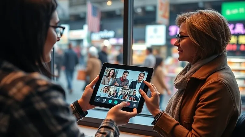 A photorealistic image of a digital nomad presenting a professional portfolio on a tablet to a potential client during a video call, with a vibrant, bustling marketplace in a foreign city visible through a window in the background. The lighting is dynamic, highlighting the interaction, sharp focus on the tablet and faces, depth of field blurring the background action, 8K hyper-detailed, professional photography, shot on a high-end DSLR.