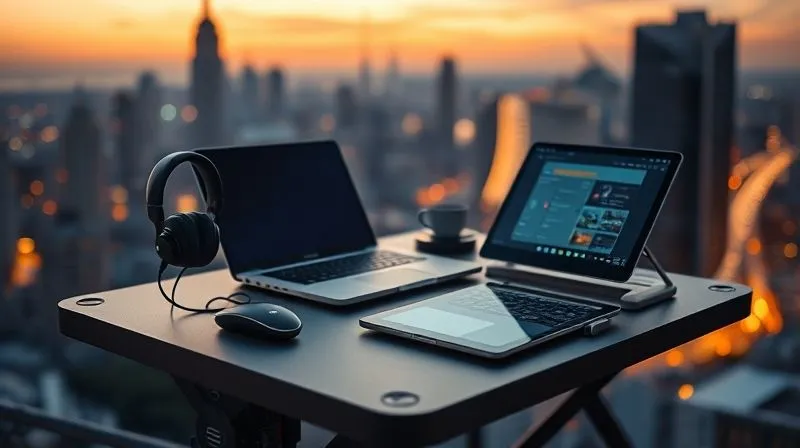 A photorealistic image of a sleek, modern workstation setup on a sturdy, portable desk, with a laptop, noise-canceling headphones, and a tablet displaying productivity apps. The background shows a blurred, vibrant cityscape at dusk, hinting at the nomadic lifestyle. Cinematic lighting, sharp focus on the tools, depth of field blurring the city, 8K hyper-detailed, professional photography, shot on a high-end DSLR.