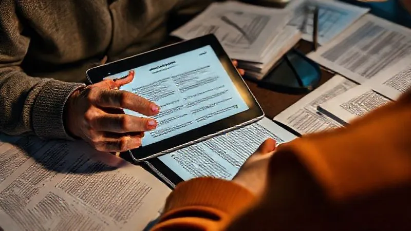A photorealistic image of a person meticulously reviewing an online course curriculum on a tablet, with various research papers and notes scattered around, highlighting key sections. The scene is well-lit, showing deep concentration and critical thinking. Professional photography, 8K, cinematic lighting, sharp focus on the tablet screen and notes, depth of field blurring the background, shot on a high-end DSLR.