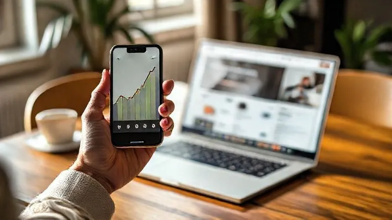 A photorealistic image of a person holding a smartphone showing a financial graph with an upward trend, with a laptop open on a table beside it displaying an online course interface. The setting is a cozy coworking space with natural light, conveying growth, investment, and learning. Professional photography, 8K, cinematic lighting, sharp focus on the phone and laptop, depth of field blurring the background, shot on a high-end DSLR.