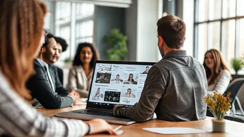 A photorealistic image of a person presenting a digital portfolio on a laptop screen to a group of diverse, professional-looking individuals in a modern, sunlit coworking space. The screen clearly shows project examples and achievements, with the person looking confident and engaged. Professional photography, 8K, cinematic lighting, sharp focus on the laptop and presenter, depth of field blurring the background, shot on a high-end DSLR.