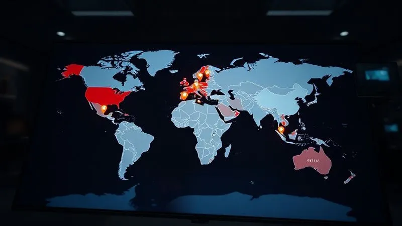 Photorealistic, professional photography, 8K, cinematic lighting, sharp focus, depth of field, shot on a high-end DSLR. A detailed world map with glowing pin icons marking countries that offer digital nomad visas, with small, subtle passport and laptop icons near each pin. The map is displayed on a sleek, modern screen in a dimly lit, high-tech office environment, reflecting the global reach of remote work.