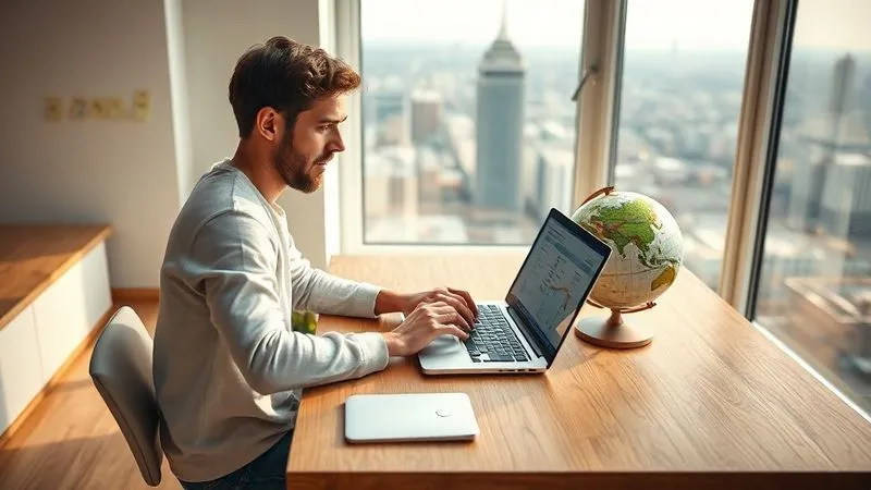 Photorealistic, professional photography, 8K, cinematic lighting, sharp focus, depth of field, shot on a high-end DSLR. A person is sitting at a minimalist wooden desk in a bright, airy apartment overlooking a city, meticulously reviewing a travel itinerary on a laptop. There are small sticky notes with 'pros' and 'cons' for different destinations on the wall. A globe is within reach, symbolizing planning and decision-making. The scene is calm and focused, with warm natural light.