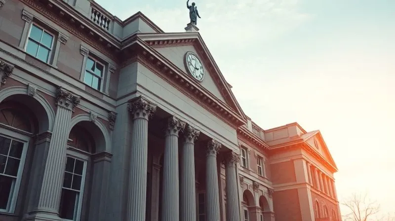 A photorealistic image of a prestigious university building facade with a subtle digital overlay of online learning icons, symbolizing traditional credibility meeting modern education. Cinematic lighting, sharp focus, depth of field, 8K hyper-detailed.