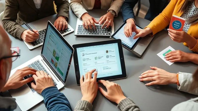 A photorealistic image of a diverse group of hands, some typing on laptops, some sketching on tablets, others holding digital badges, all focused on creating and validating skills for a modern career. Bright, natural lighting, sharp focus, depth of field, 8K hyper-detailed.