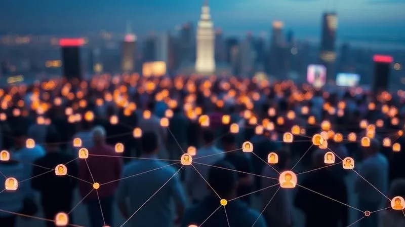 A photorealistic image of a vibrant online community, depicted as a network of glowing lines connecting diverse avatars or small profile pictures, against a blurred backdrop of global cities. Professional photography, cinematic lighting, sharp focus, depth of field, 8K hyper-detailed.
