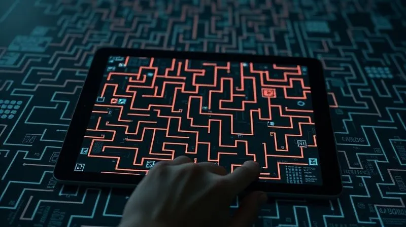 A photorealistic image of a person navigating a dense, confusing digital maze on a tablet screen, with various dead ends and misleading paths, symbolizing the pitfalls of choosing the wrong online education. Gloomy lighting, sharp focus on the tablet, depth of field, 8K hyper-detailed.