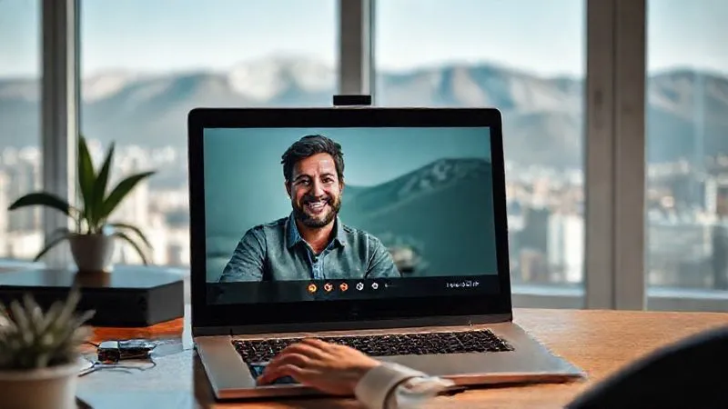 A photorealistic image of a digital nomad, focused on a laptop screen, with a clear video call interface showing an experienced mentor smiling and offering guidance. The nomad is in a well-lit, minimalist workspace, with a window view of a vibrant cityscape or a serene mountain range. The connection is seamless, symbolizing remote guidance. professional photography, 8K, cinematic lighting, sharp focus on both faces, depth of field blurring the background, shot on a high-end DSLR.