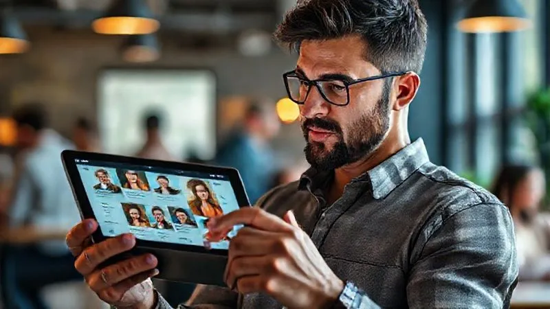 A photorealistic image of a digital nomad, male, in a vibrant co-working space, engrossed in browsing mentor profiles on a tablet. The screen displays diverse mentor faces and brief descriptions, suggesting a wide array of expertise. He has a thoughtful expression, perhaps contemplating options. The background is a slightly blurred, lively co-working environment with other focused individuals. professional photography, 8K, cinematic lighting, sharp focus on the tablet and the nomad's face, depth of field, shot on a high-end DSLR.