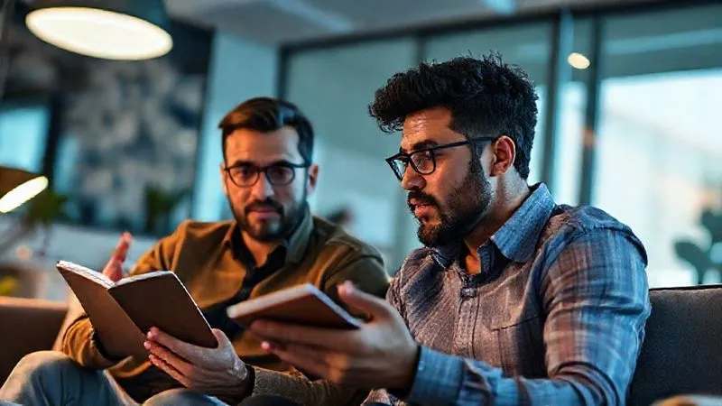 A photorealistic image of a digital nomad, male, in a video call with his mentor, both looking deeply engaged and focused. The mentee is actively taking notes on a physical notebook, while the mentor gestures thoughtfully, explaining a concept. The setting is professional yet comfortable, with good lighting. The image conveys active learning and insightful guidance. professional photography, 8K, cinematic lighting, sharp focus on both individuals, depth of field, shot on a high-end DSLR.
